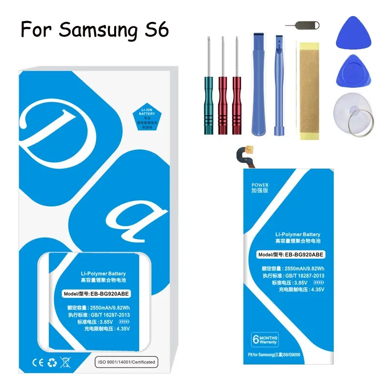 

Аккумулятор XDOU EB-BG920ABE EB-BG920ABA 2550 мАч для SAMSUNG Galaxy S6 G9200 G9208 G9209 G920F G920 G920V T F A I Bateria 2024 Инструменты