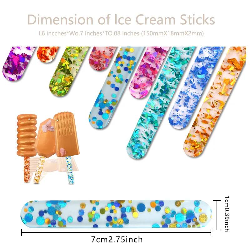 10pcs Food Grade Acrylic Ice Cream Sequin Sticks New Summer Homemade Popsicle  Accessories Reusable Creative Kitchen Model Stick