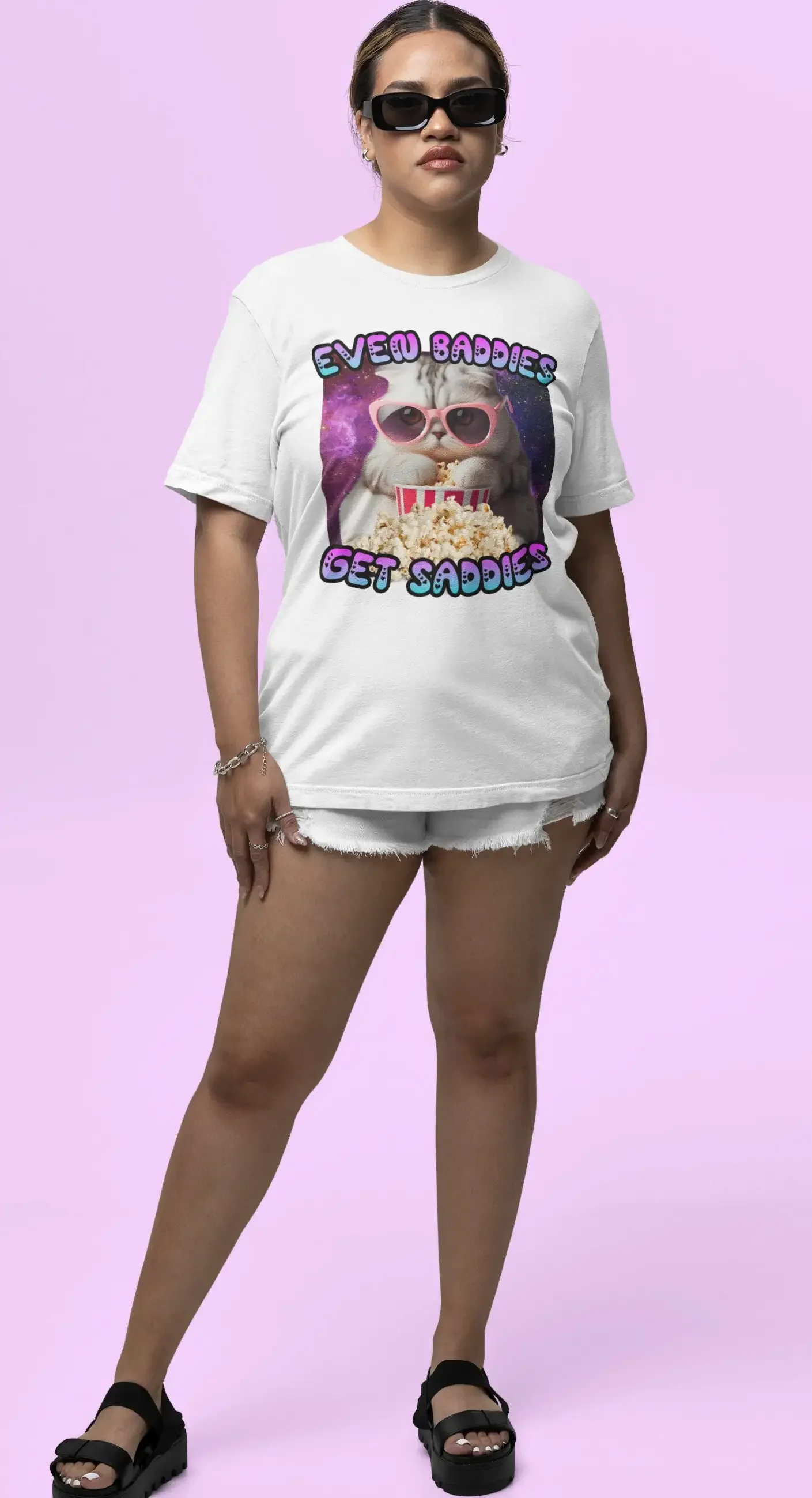Even Baddies Get Saddies T Shirt Cute Cat Funny Meme Raccoon for Her Lovers Cringe Weircore Kidcore Clowncore