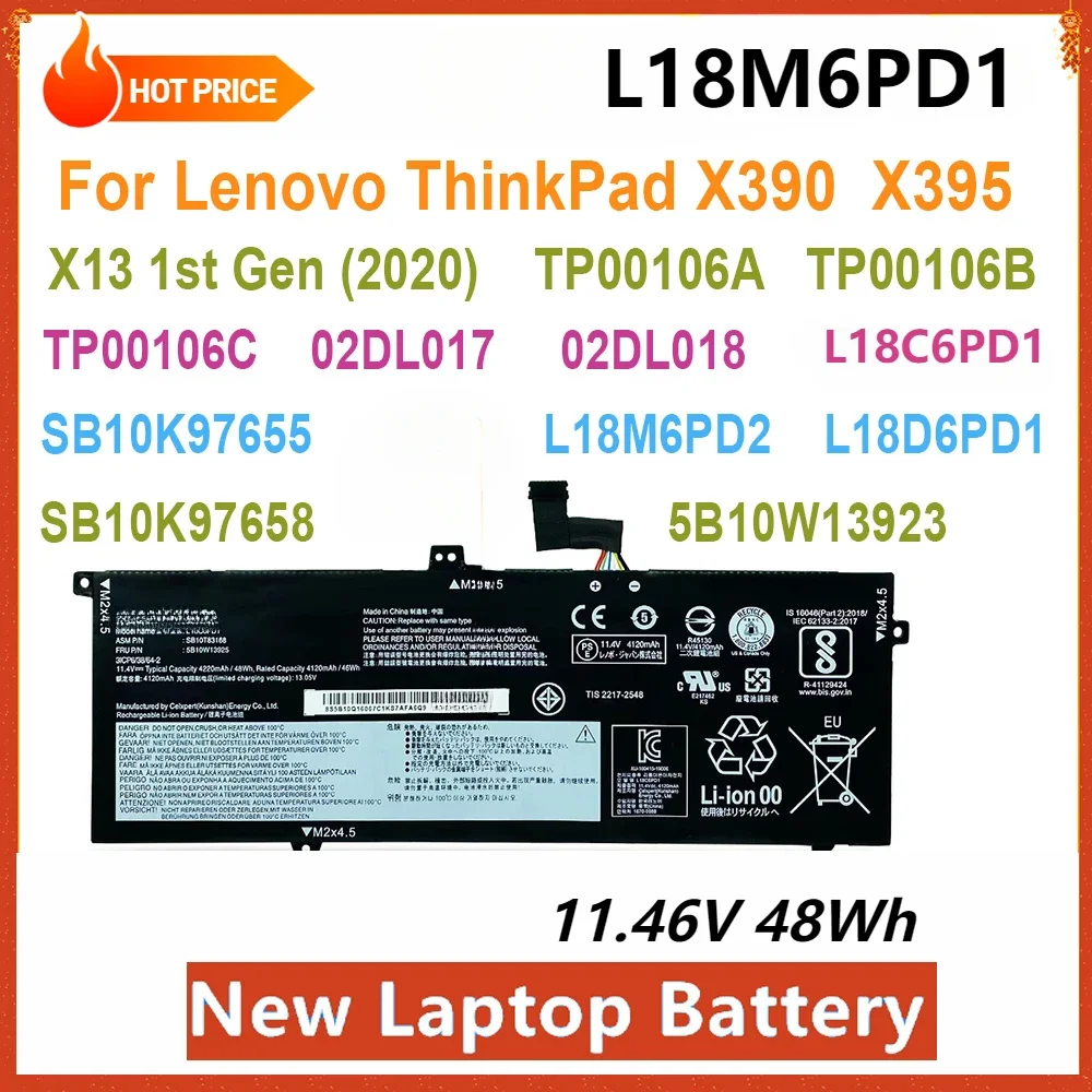 

New L18M6PD1 Laptop Battery For Lenovo TP00106A TP00106B TP00106C ThinkPad X13 1st Gen (2020) X390 X395 L18C6PD1 L18M6PD2 48Wh