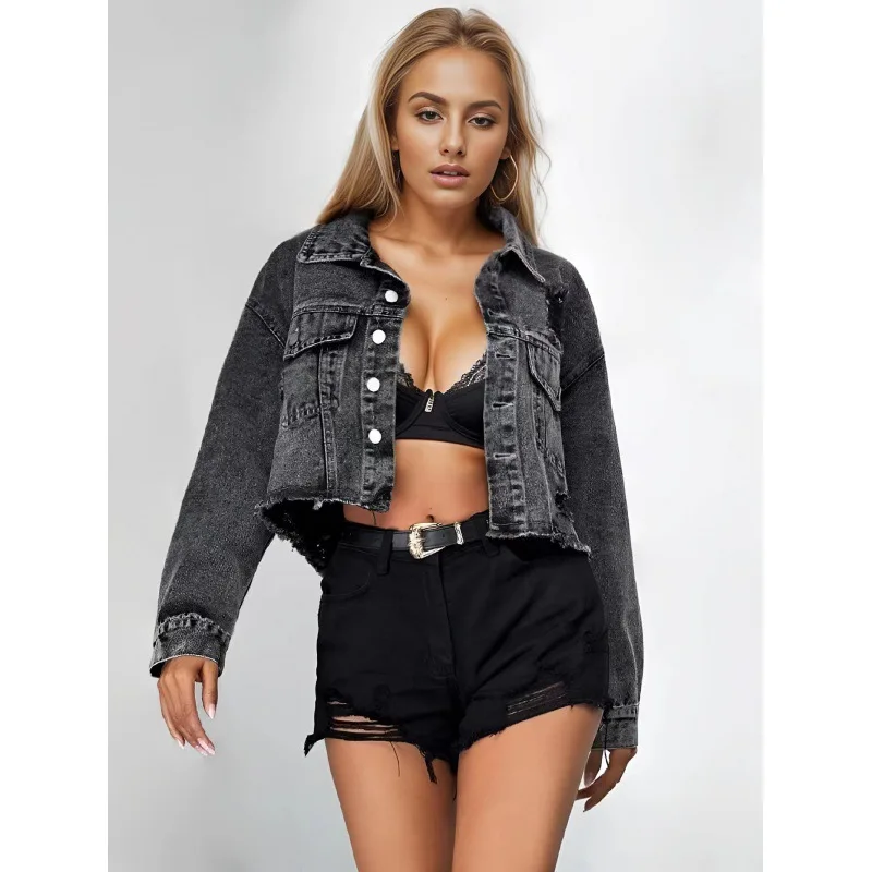 Women's Denim Jacket The New Fall Fashion Denim Short Jacket With Rough Edges and Holes T-shirts Casual Tops T-shirt Fp to Love