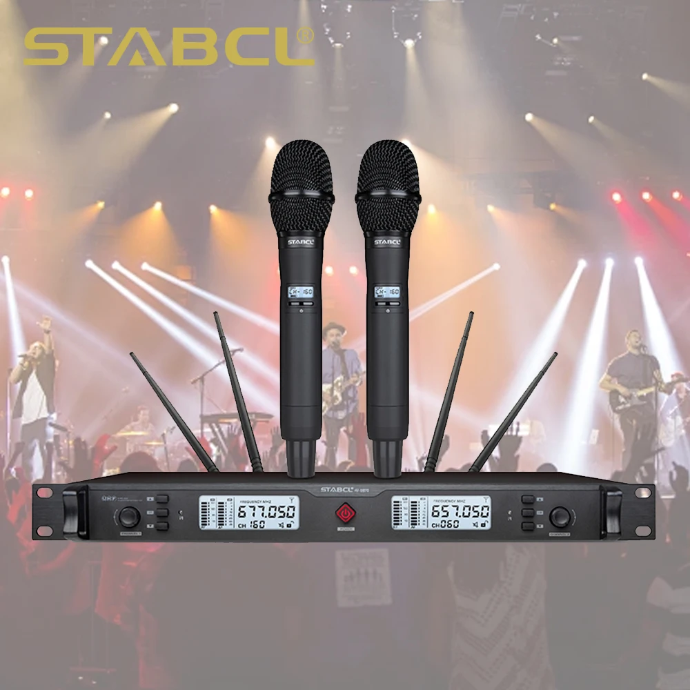 STABCL 2 Channel UHF Handheld Professional Stage Wireless Microphone True Diversity 300 Meter Double Mic Head Noise Cancelling