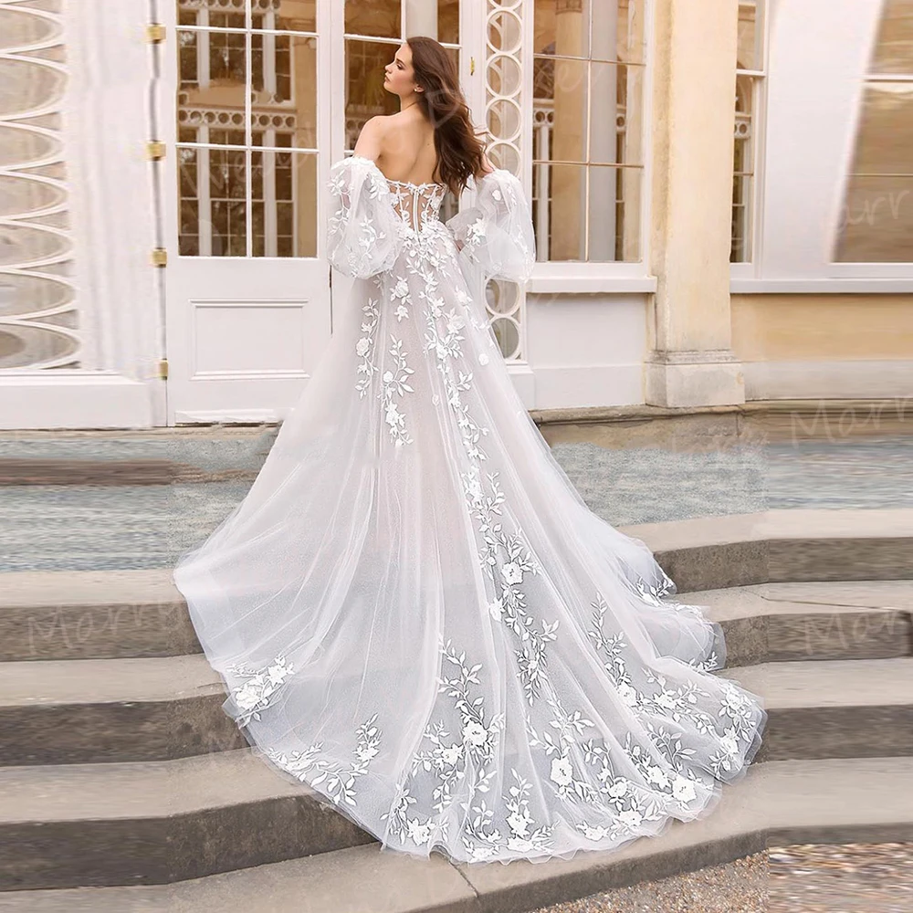 Mulheres Vestidos de Casamento Linha A, Apliques de Renda, Vestidos De Noiva, Sem Alças, Manga Puff Destacável, Requintado