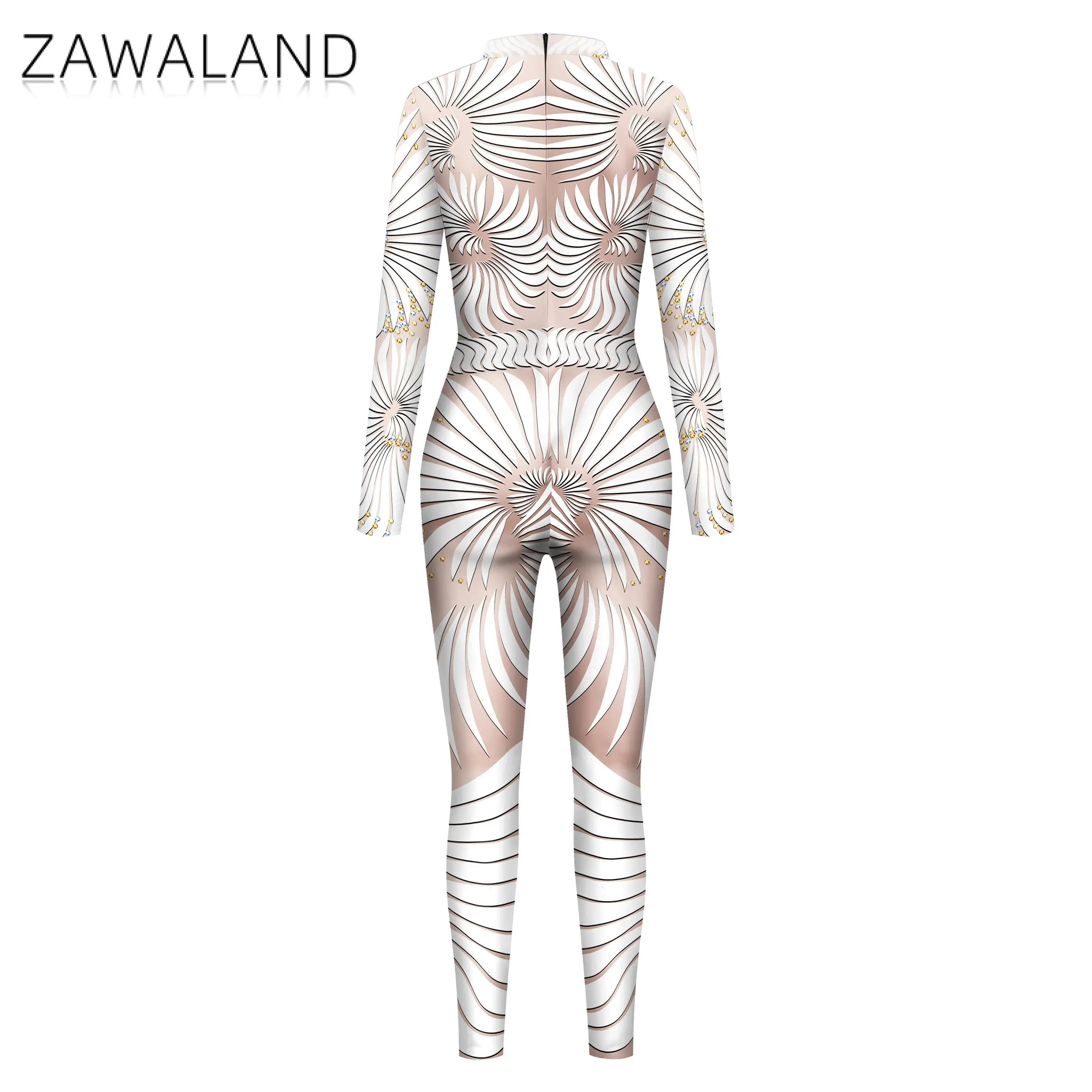 Zawaland Vrouwen Pailletten Print Kostuum Zentai Bodysuit Cosplay Robot Jumpsuit Vakantie Carnaval Feest Kleding Elastisch Pak