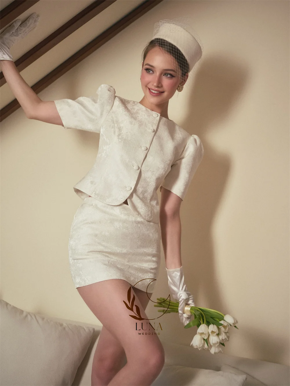 Luna Fantasy Ivory Puff Short Sleeve Wedding Dress 2 Pcs Bride Gown Button Jacket Mini-Length свадебное плать Customized