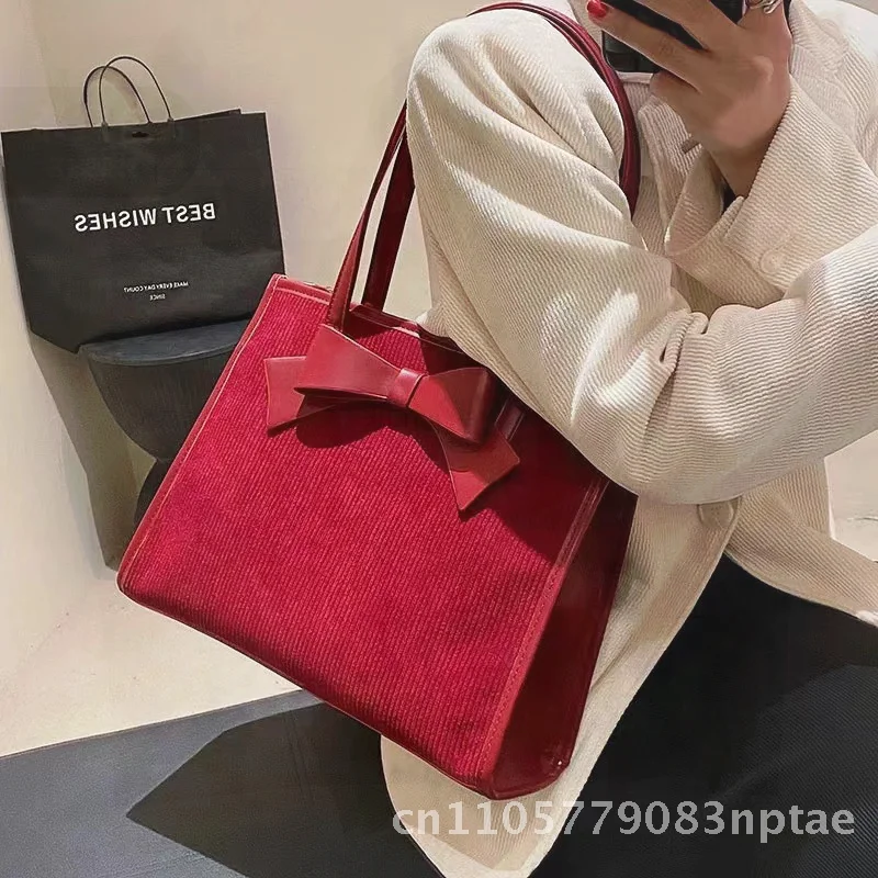 Red Large Capacity Tote Bag Women's Bridal Daily Use Shoulder Bag Fashion PU Material with Bow Tie Detail Hidden Zipper Pocket