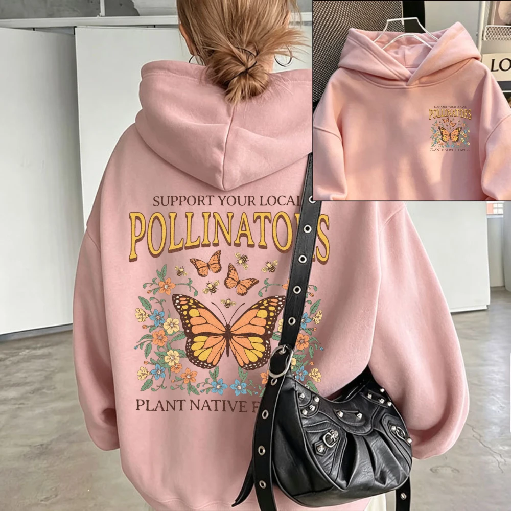 Support Your Local Pollinators Hoodie Monarch Butterfly Wildflower Graphic Front Back Print Pullover Nature Gardening Lover Tops