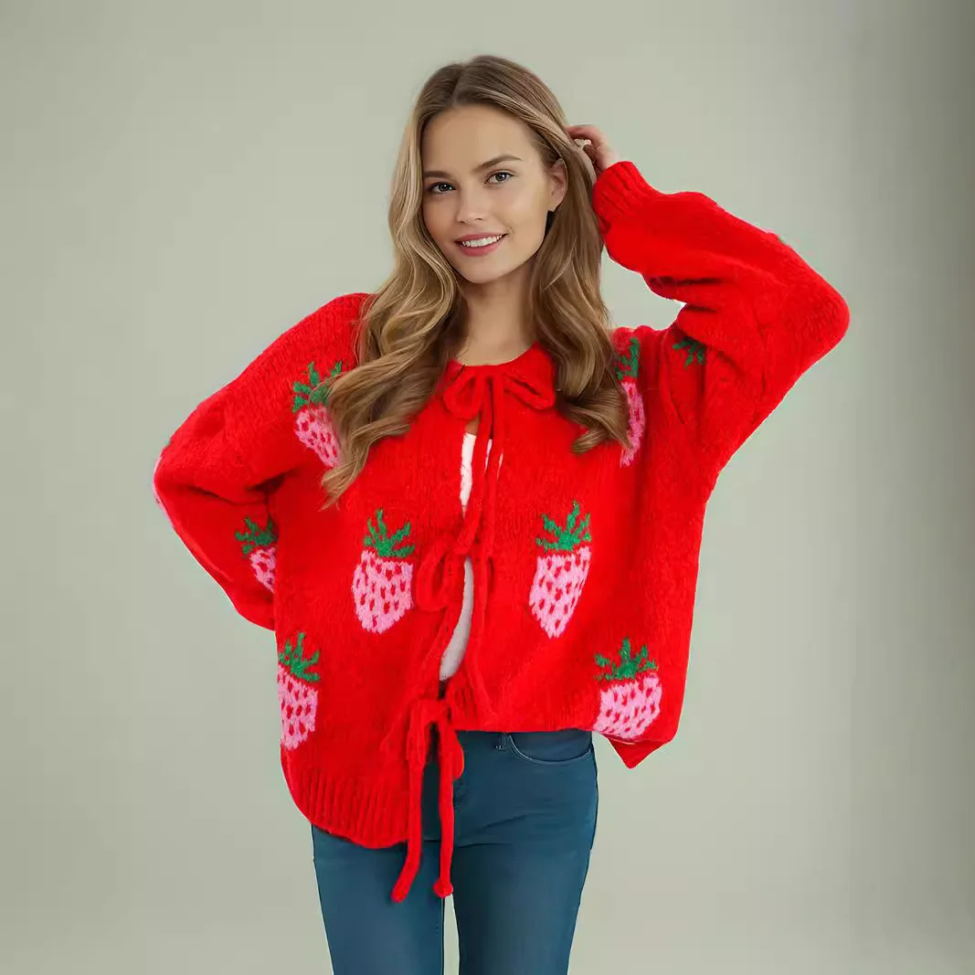 

2026 женский осенне-зимний пасторальный ретро-клубника, милый и универсальный свободный и повседневный вязаный кардиган