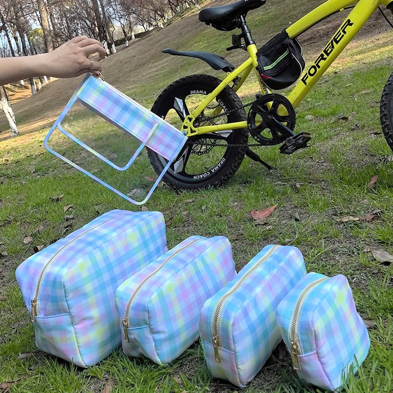 Large Size Rainbow Plaid Fanny pack Chest pack Toiletry Storage Pouch Grid Outdoor Fanny Pack Travel Wash Cosmetic Bag Gift