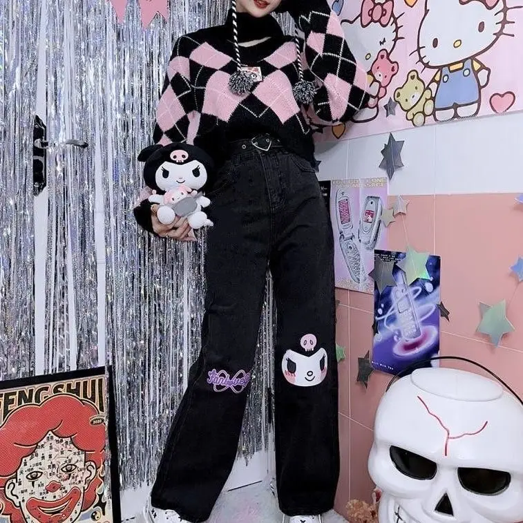 Pantalones vaqueros negros Kawaii Hellokitty Kuromi, pantalones holgados adelgazantes de pierna ancha, Pantalones rectos Sanrio para chica, pantalones informales con estampado de dibujos animados