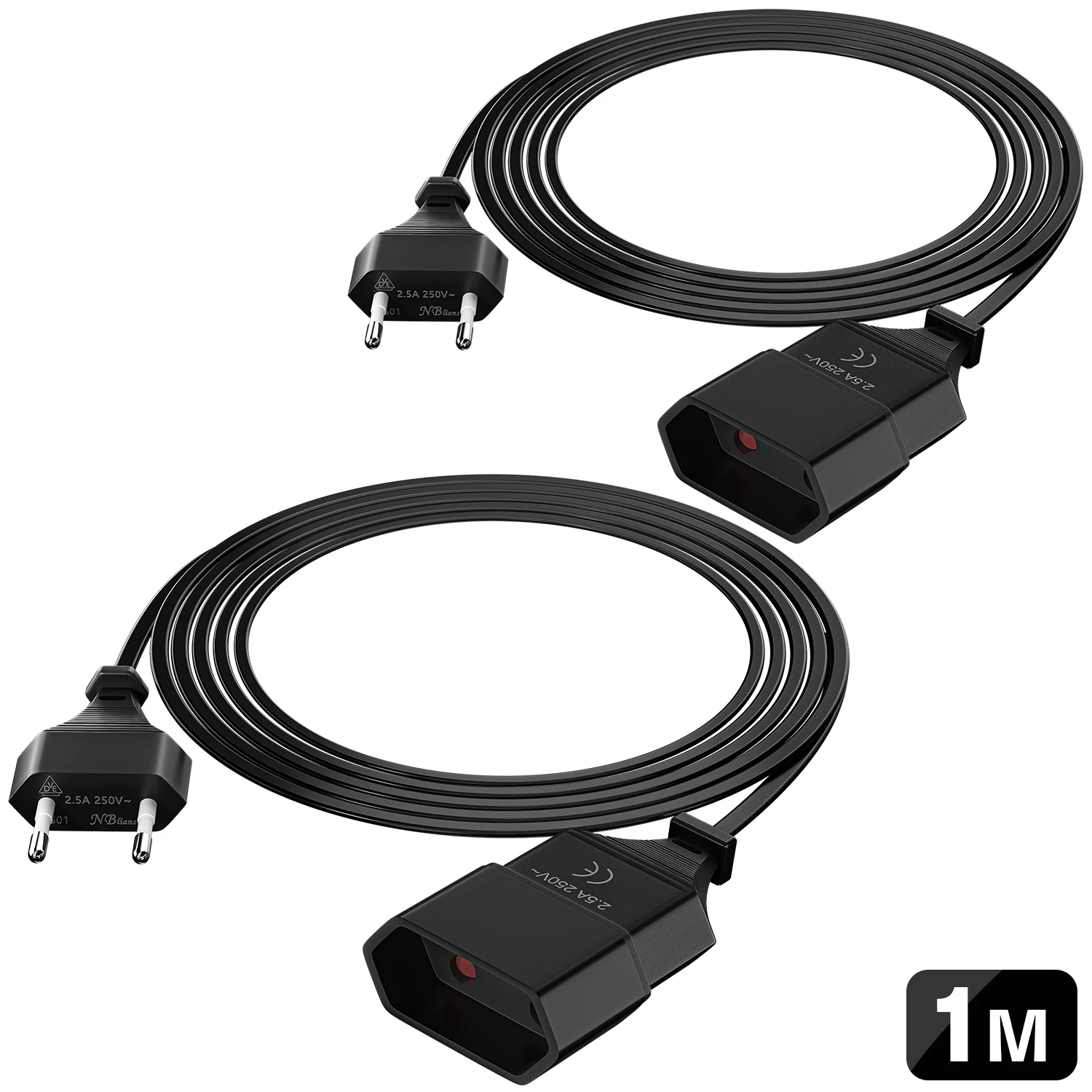 2 Pack 1/2m Extension Cable, Power EU Plug Extension Cord Flat Thin Power Cable 2-Pin 250V Euro Plug to Type C for TV Computer