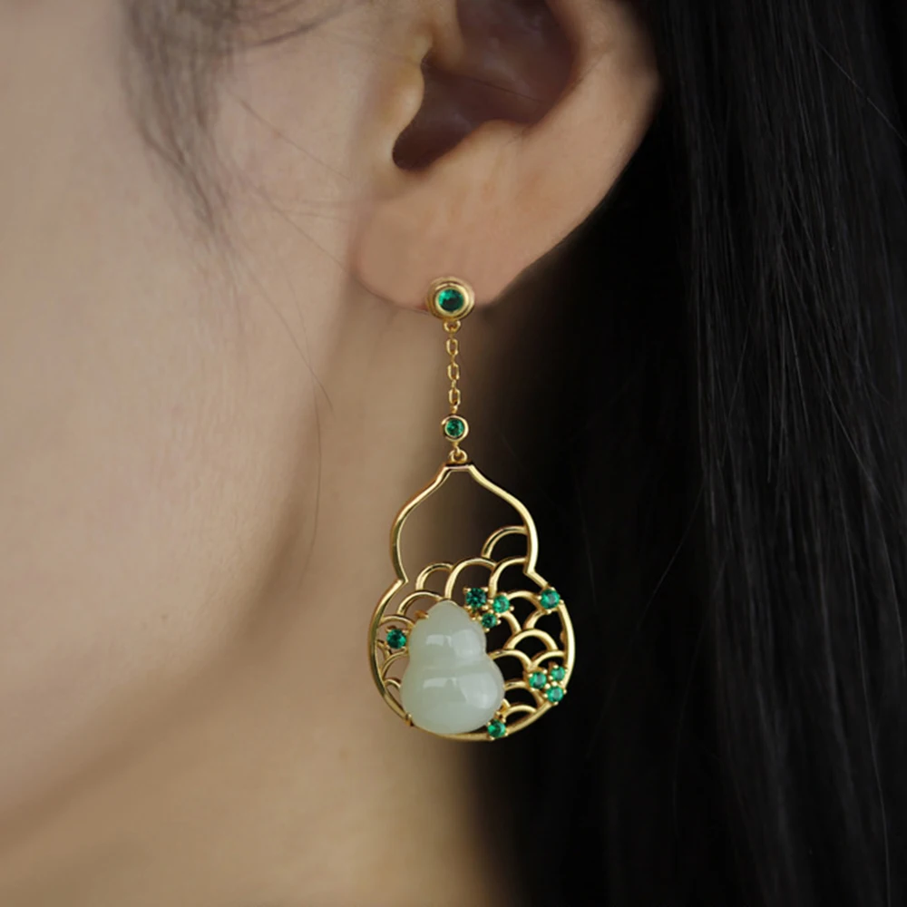 

2024 New S925 sterling silver Chinese style earrings gold-plated female Hotan Jade luxury and versatile high-end headwear