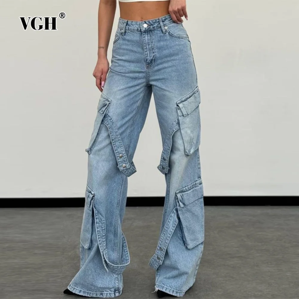 

VGH Solid Patchwork Pockets Streetwear Straight Jeans For Women High Waist Spliced Button Loose Denim Cargo Pants Female Fashion