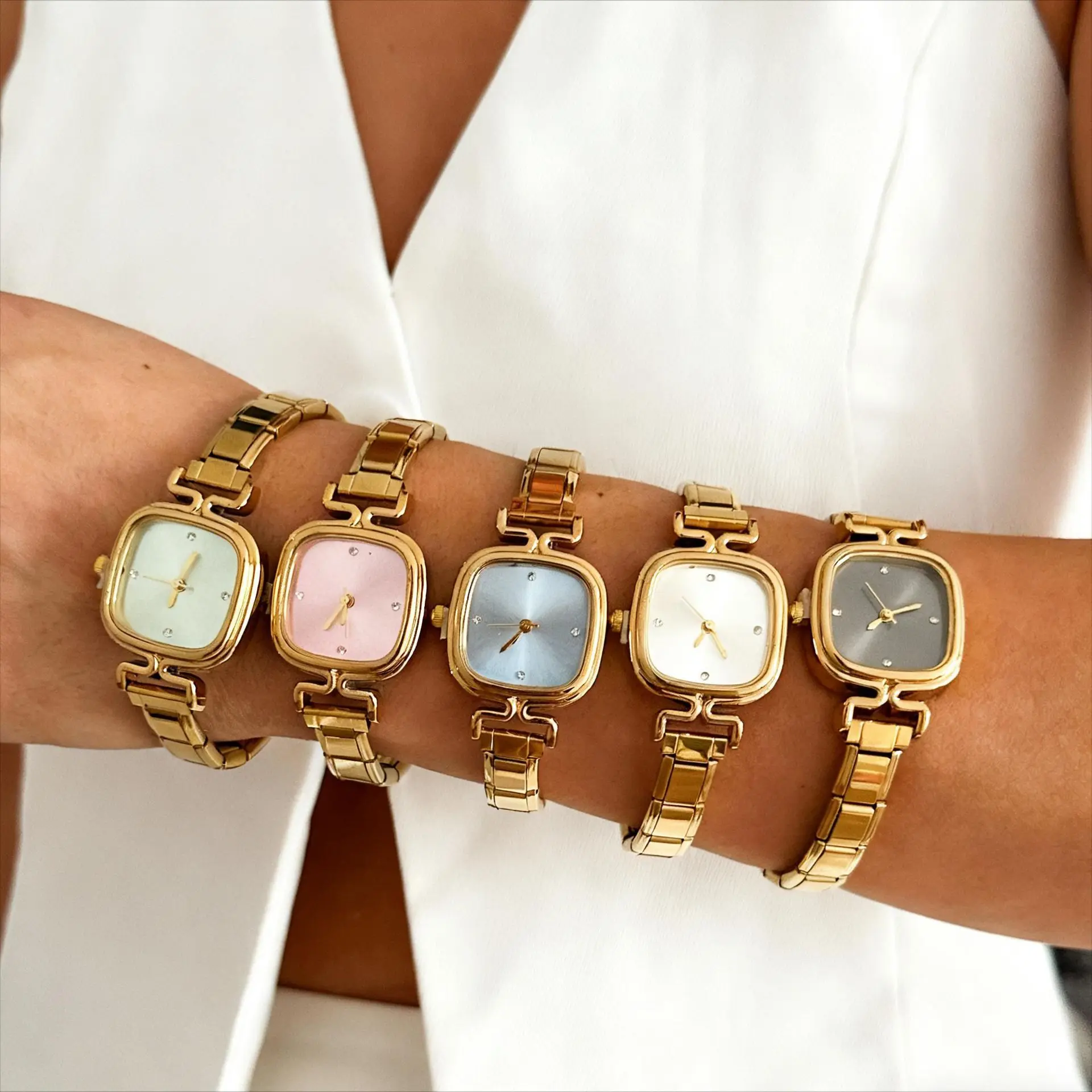 Ins Minimalist Square Dial Women Quartz Watch Stainless Steel Link Tiny Candy Shape Wristwatch Elegant Daily Wear Ladies Gift