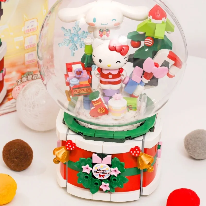 New Christmas Hello Kitty Christmas Music Building Blocks Box Rotating Music Box Children Christmas Toys Building Blocks Gift