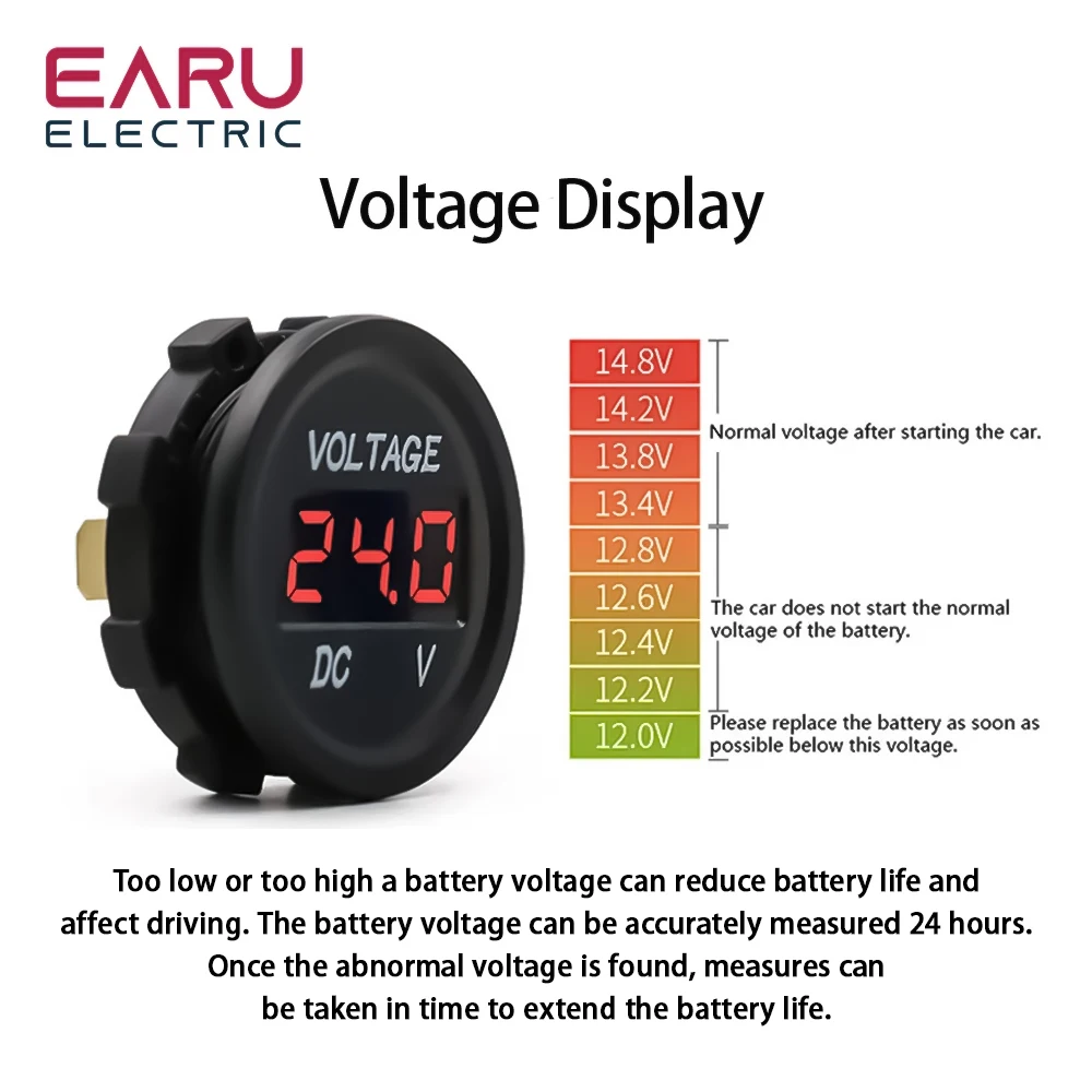 earu DC 5-48V Waterproof Voltmeter LED Digital Display Voltage Meter for Car Motorcycle battery LED Panel Volt Monitor 12V