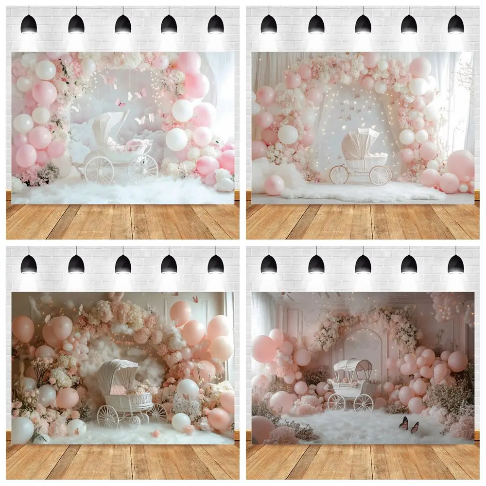 

Newborn 1st Birthday Party Backdrop Decor Pink Arch Balloons Baby Carriage Baby Portrait Photography Background Decor Photo Prop