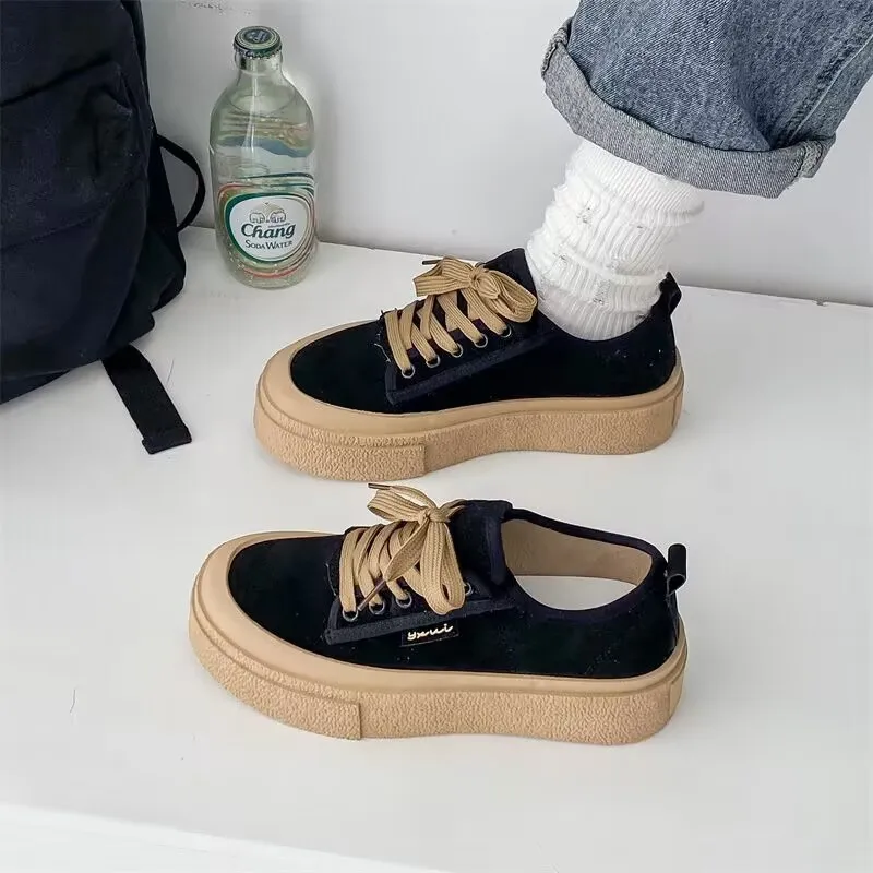 2023 Soft Suede Leather Casual Shoes Women Sneakers Clogs Platform All-Match Autumn New Round Toe Cross-tied   Frosted Flats