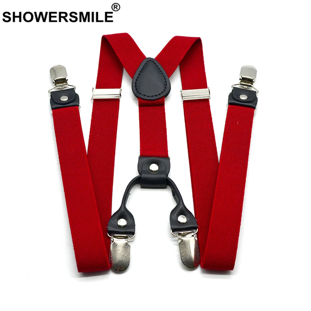 Showersmile-suspensórios vermelhos, calças clássicas masculinas, modelo casual retrô, costas de 120cm, 4 grampos, elástico, cinto com suspensório