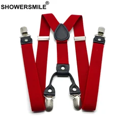 SHOWERSMILE Red Suspenders Men Classic Pants Strap Y Back 120cm Casual Retro Trouser Braces 4 Clips Elastic Male Suspender Belt