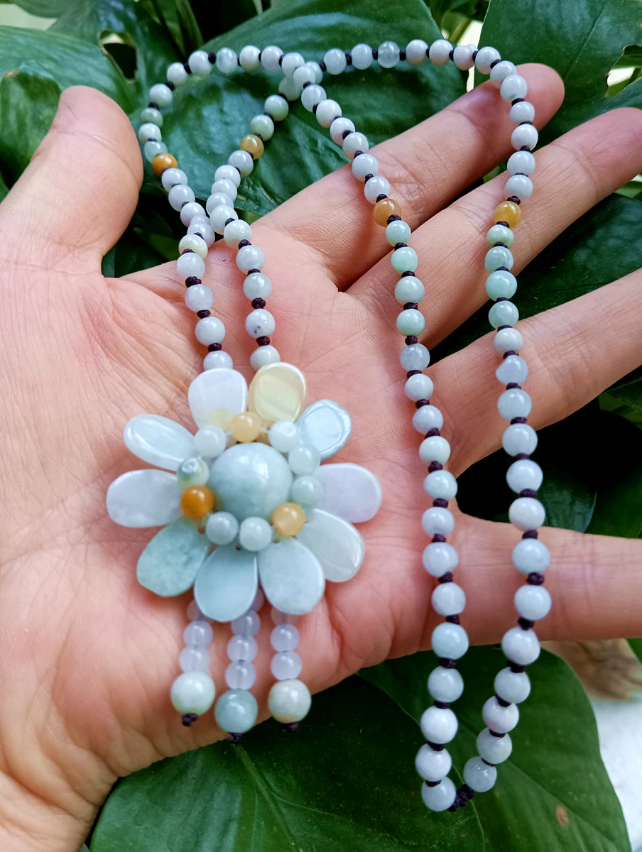 Nature Myanmar Burma Jade Hanging Ornament Handmade Flower Shape Mala Bead Jadeite Chain