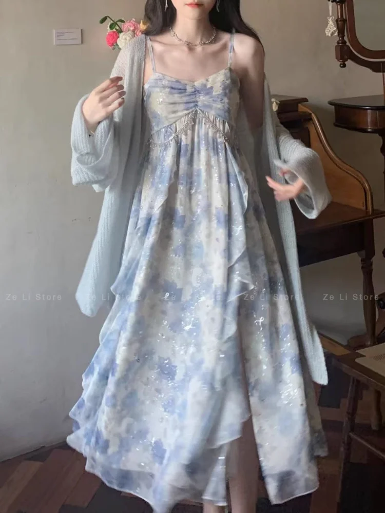 Elegant and Graceful High-waisted Ruffle Trim Sequin Print Slip Dress, A Fresh and Unique Long Dress Perfect for Summer