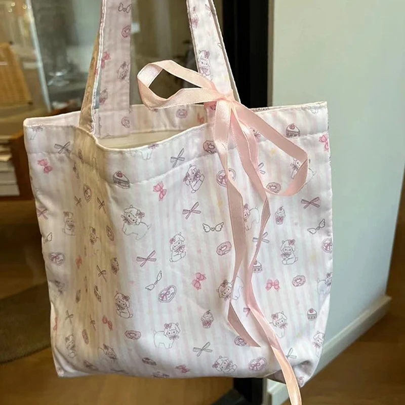 Floral Small Fresh Bow Shoulder Bag Fashionable Large Capacity Handbag Tote Bag Girls' Artistic Shopping Bag Mountaineering Bag