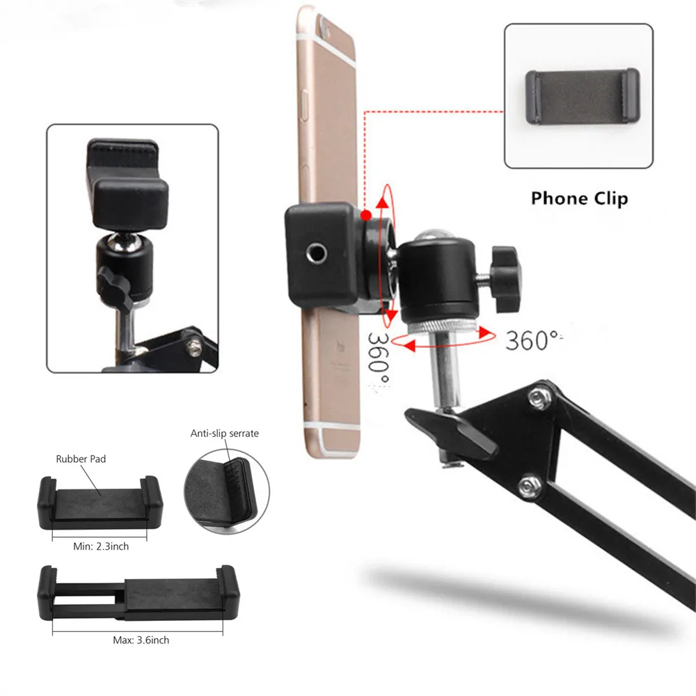 New Phone Camera Arm Tripod Table Stand Photography Adjustable with Phone Holder for Led Ring Light Overhead DSLR Camera Webcam