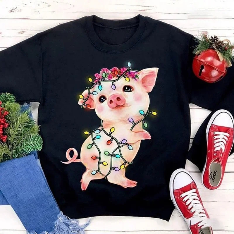 String Lights Pig Print Women T Shirt Short Sleeve O Neck Loose Women Tshirt Ladies Tee Shirt Tops Clothes Camisetas Mujer