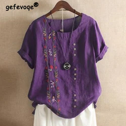 Summer New Oversized Cotton Linen Embroidery Casual Shirt Ladies Loose All-match Pullover Top Women Vintage Short Sleeve Blouse