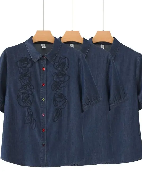 

plus Size Women's Summer Korean Style Embroidered Denim Shirt Short Sleeve Turn-down Collar Buttons Casual Shirt
