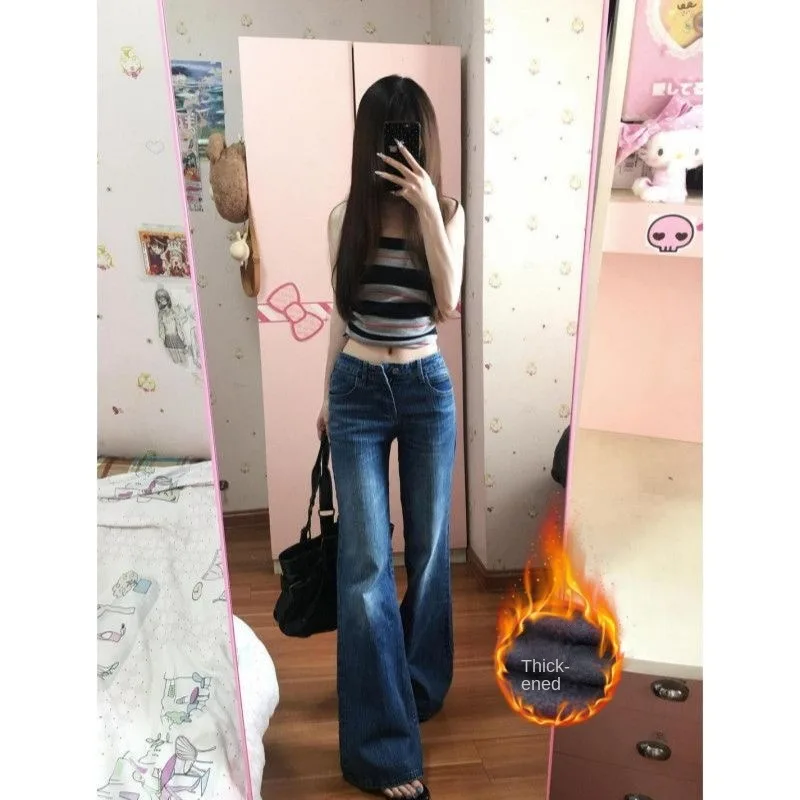 Y2K Women Dark Blue Fleece Lined Flare Jeans Fall Winter New Slub Denim Low Waist Vintage Bootcut Trousers