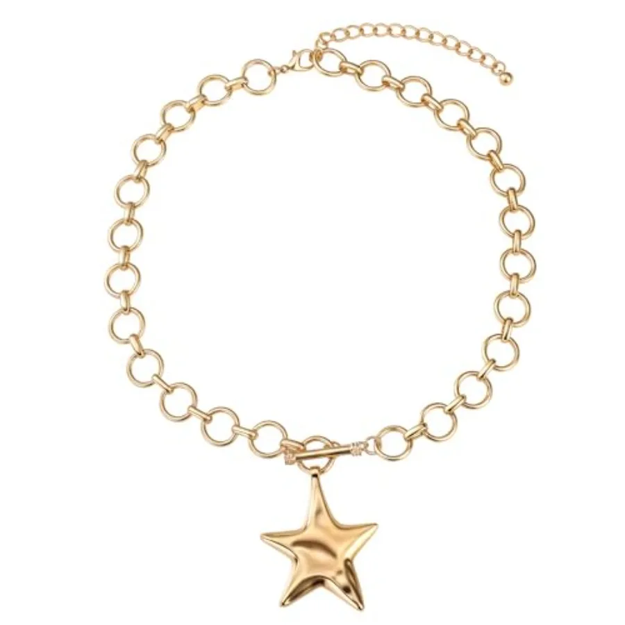 

MQV Chunky Statement Gold Hammered Bold Cross Star Puffy Heart Necklace Thick Chain Vintage Layered Toggle Chain Beaded Choker