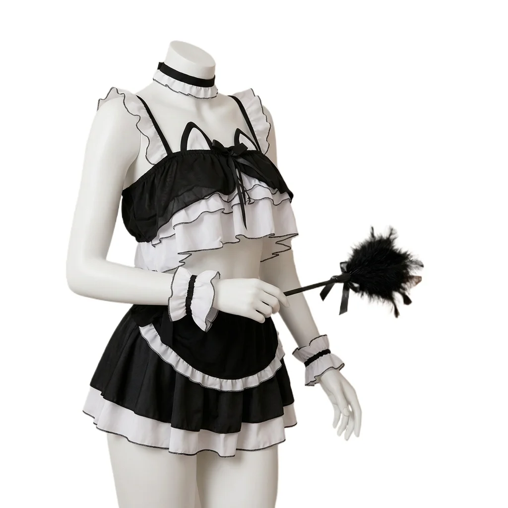 Cute Women's Cute Neko Maid Costume Pink Ruffle Tiered Top + Mini Skirt Set Lingerie for Cosplay/valentine Style