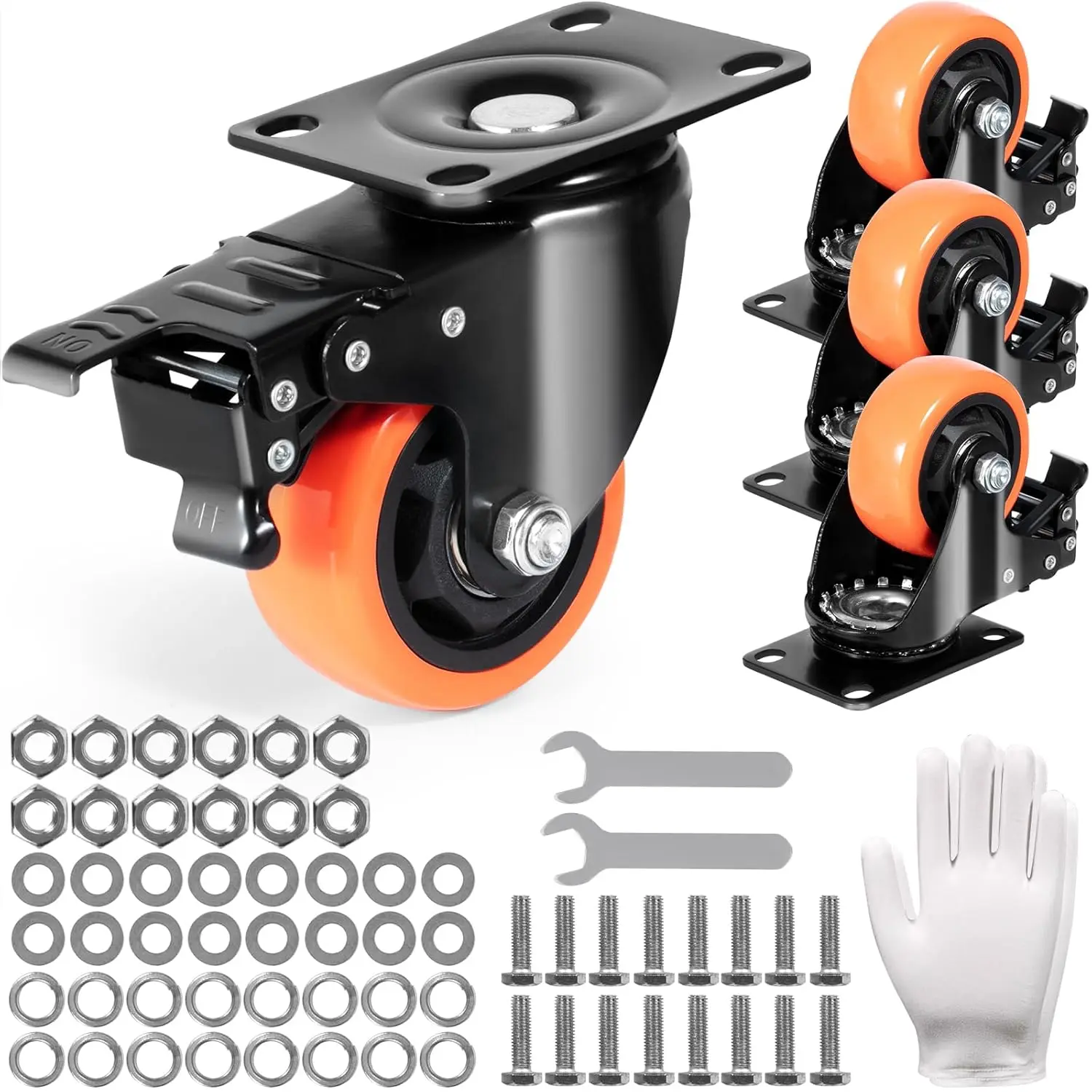 Caster Wheels, 3-inch Swivel Plate Casters, Set of 4, with Security A/B Locking No Noise PVC Wheels, Heavy Duty 250 lbs Load