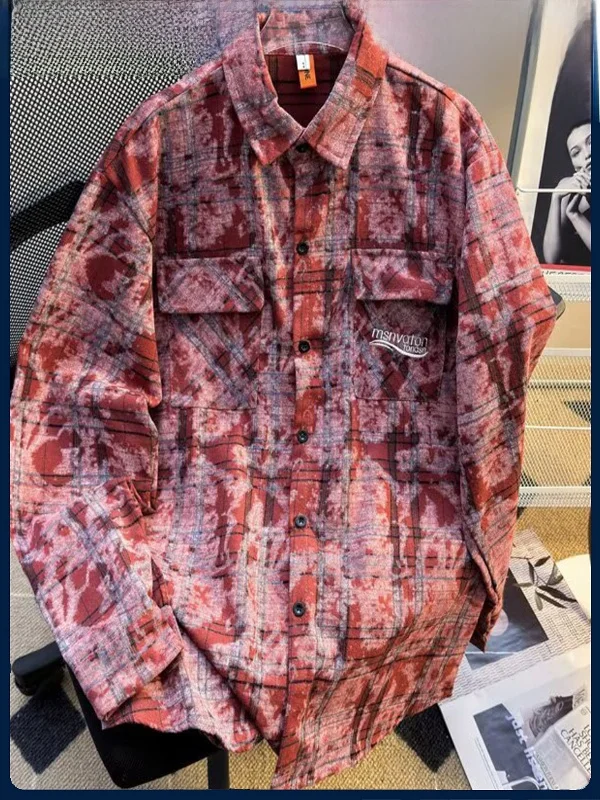 

KOBPT Floral irt Jaet Мужская весна-осень Тяжелая окрашенная клетчатая женская верхняя одежда Design Sense Повседневная свободная посадка Long Sve