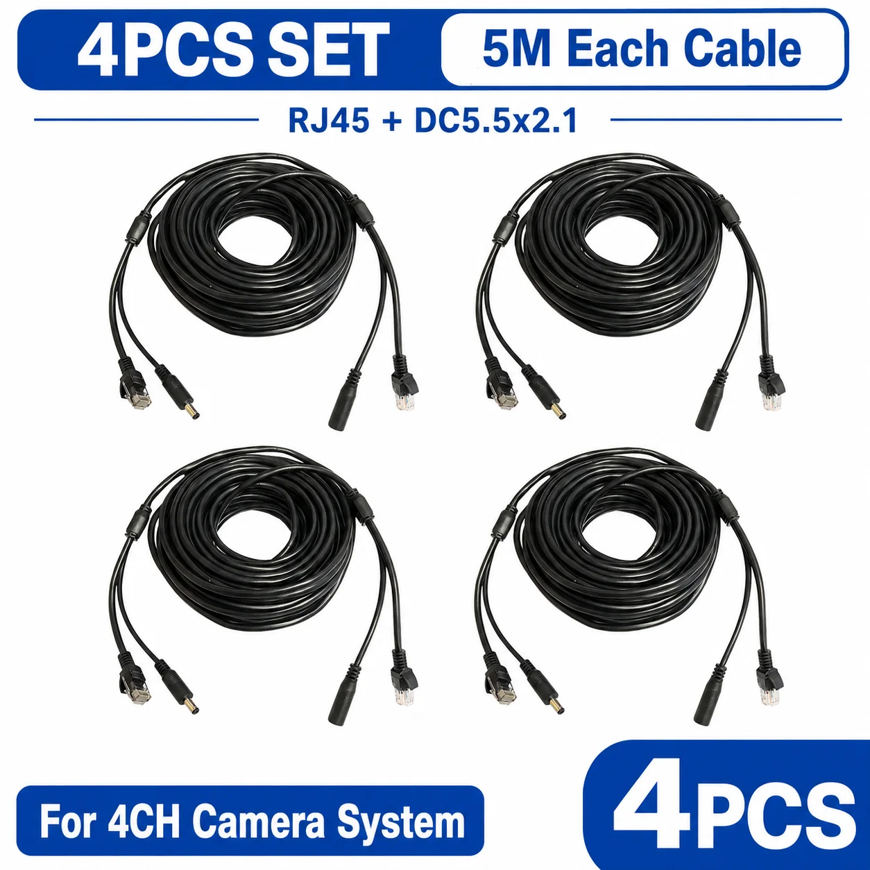 Composite 8+2 Core Surveillance Wire 5M RJ45 DC Network Power Extension Cable Bulk 4/8/10PCS Indoor Security Wiring