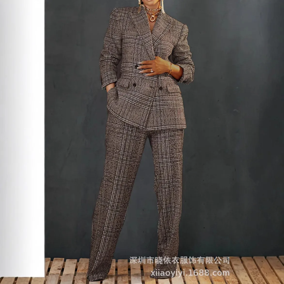 Women Plaid Pants Suit Blazer Coat 2 Piece Set Double Breasted Jacket Office Lady Outfits Trousers Autumn 2026 Business Ensemble