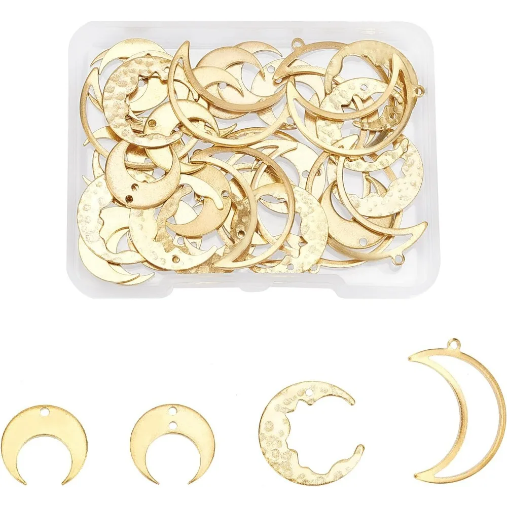 40Pcs 4 Style Brass Moon Pendant Hollow Crescent Moon Frame Charms Unplated Filigree Crescent Pendants for Bracelets Jewelry