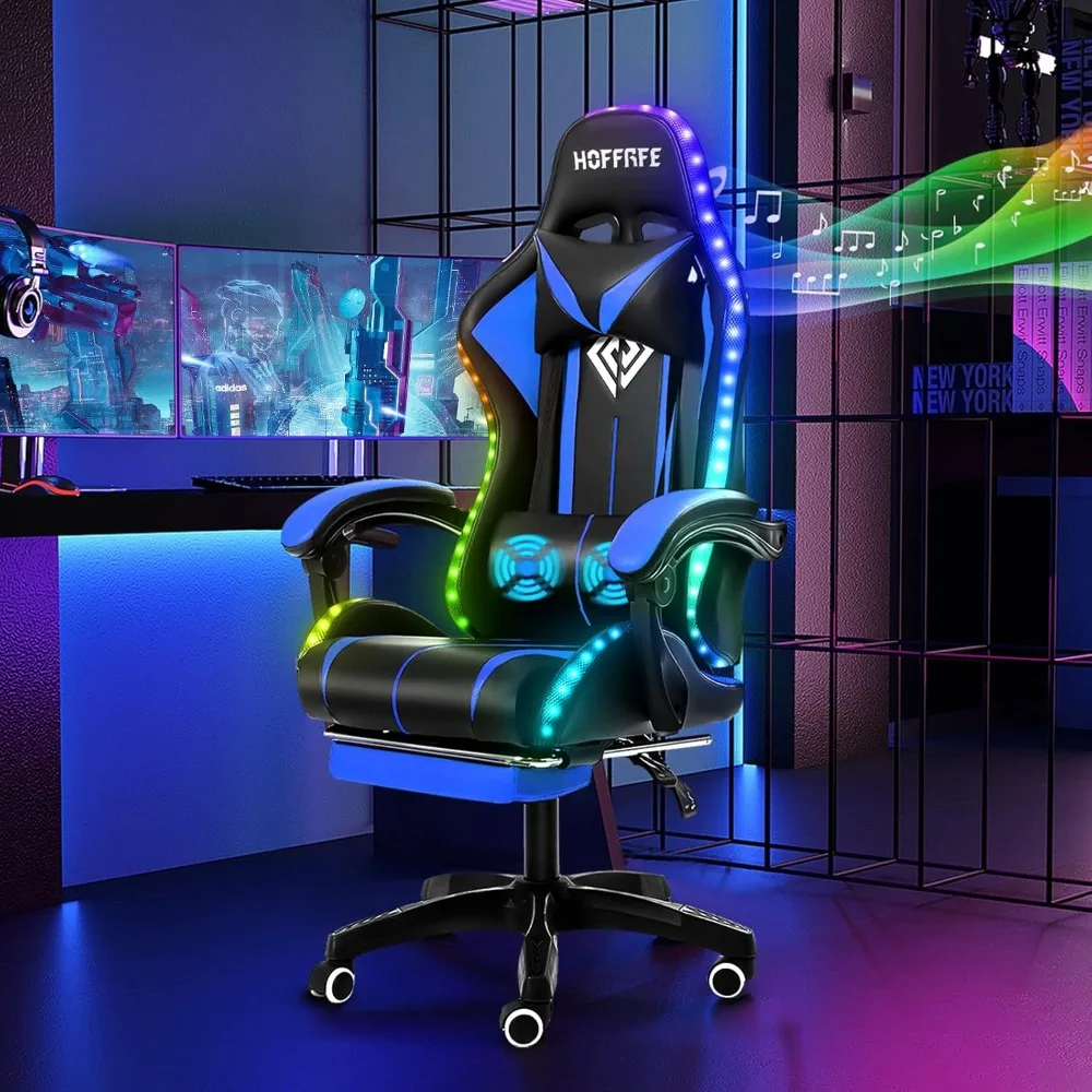 Gaming Chair with Speakers and Massage Computer Gaming Chairs with LED RGB Lights and Footrest High Back Ergonomic Game Chairs