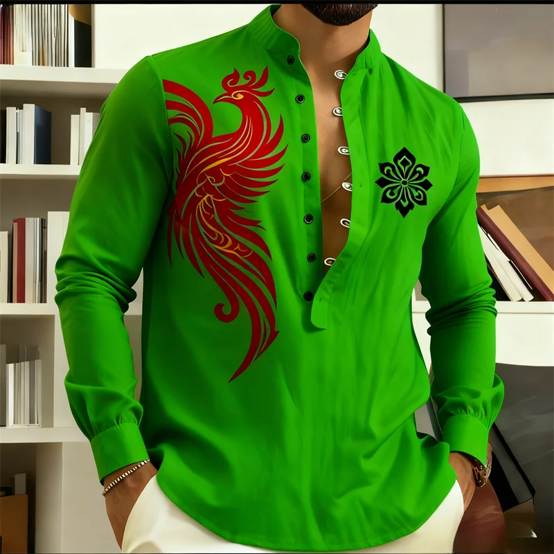 

Men's Long Sleeve Phoenix Print Ethnic Shirt | Mandarin Collar Slim Fit | Bright Green Red Pattern | Business Casual Formal Blou