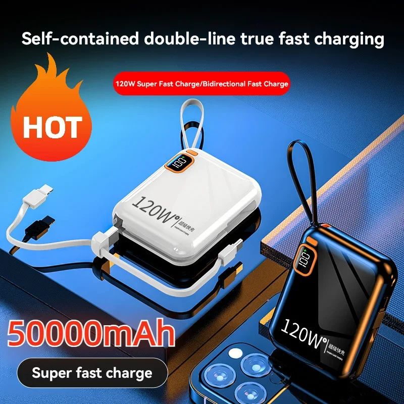 50000mah tragbare Power Bank pd120w abnehmbare USB zu Typ C Kabel Zwei-Wege-Schnell ladegerät Mini Power bank für iPhone Xiaomi Samsung