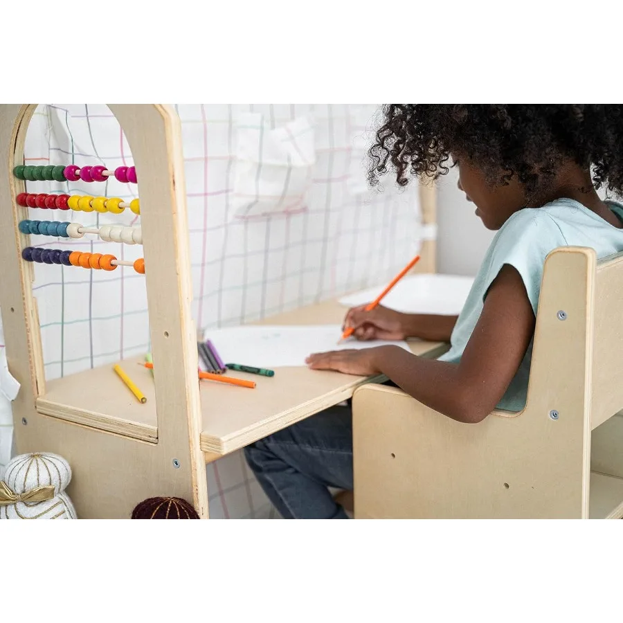 Casetta da gioco per interni 5 in 1 con tavolo da scrivania, sedia, lavagna, cuscino da pavimento e tende - Stile Montessori e Waldorf per