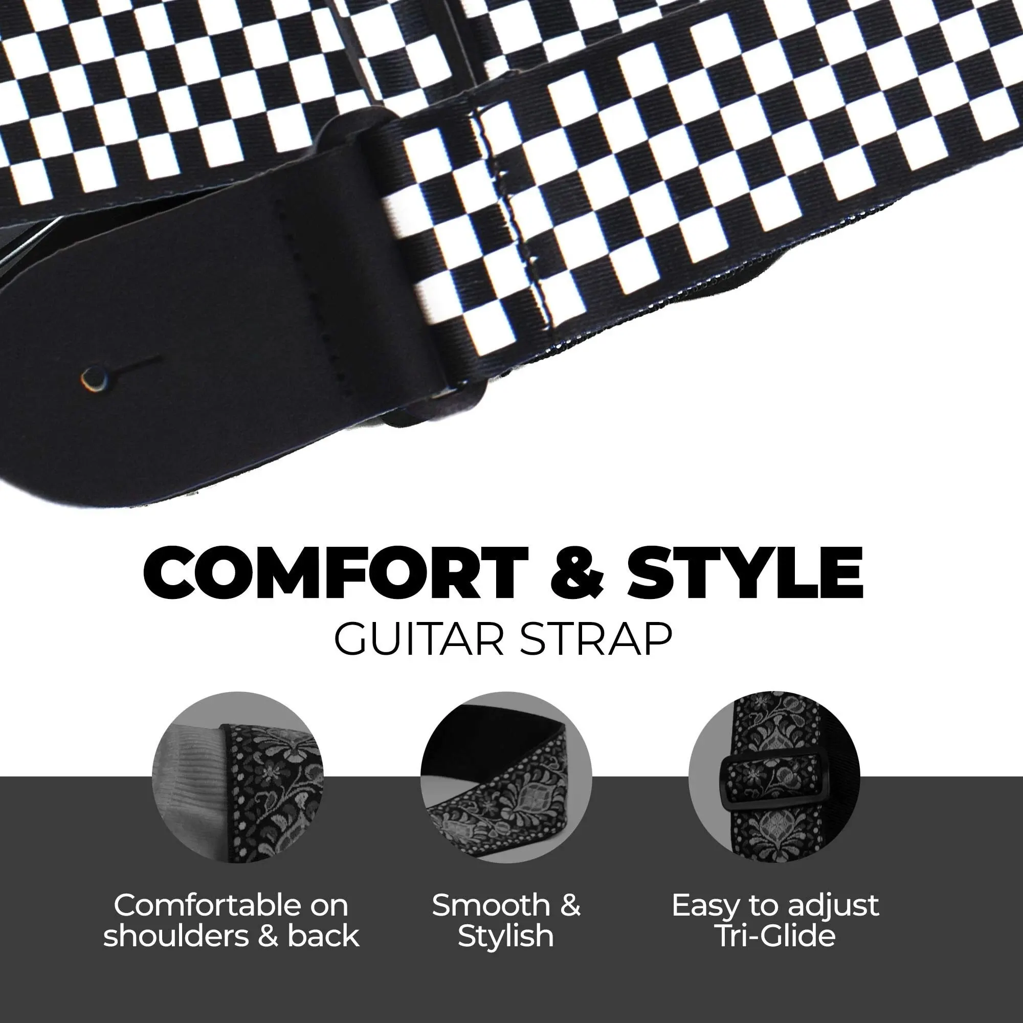 10pcs Guitar Shoulder Strap, Black and White Squares Pattern Adjustable Guitar Shoulder Strap Includes 5 Guitar Picks and 1 Hold