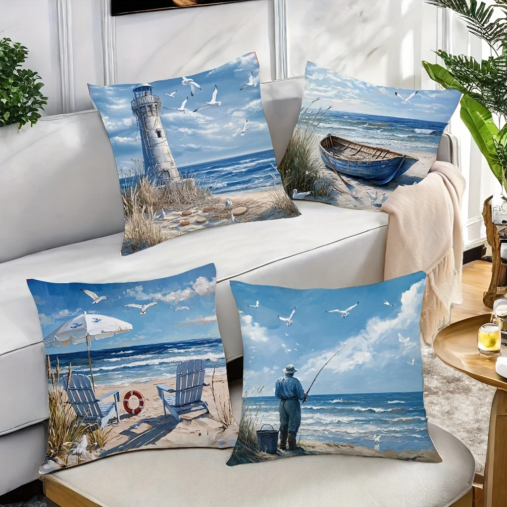 Set of 4 Beach Coastal Pillow Covers Nautical Decor Lighthouse Ocean Seascape Throw Cushions Summer Vacation Aesthetic Home