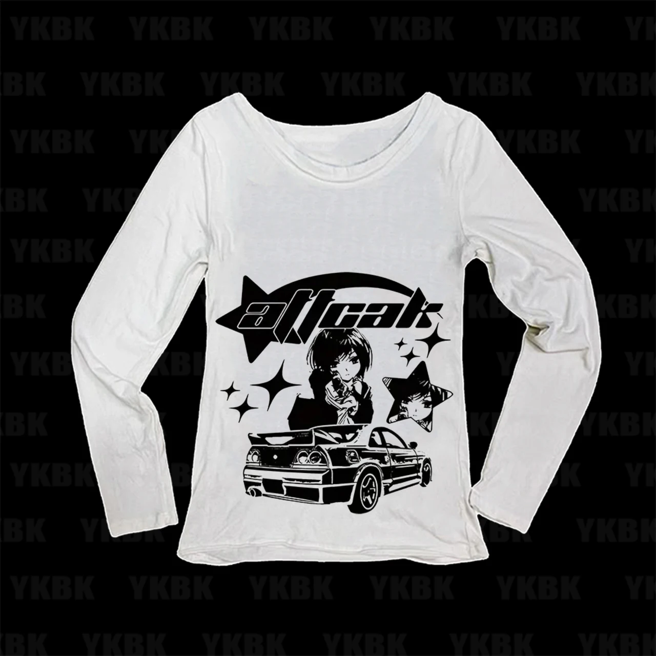 Alt Grunge JDM Racing Car Anime Girl Long Sleeve T-shirt Women Y2K Harajuku Streetwear Japanese Auto Graphic Slim Fit Tees