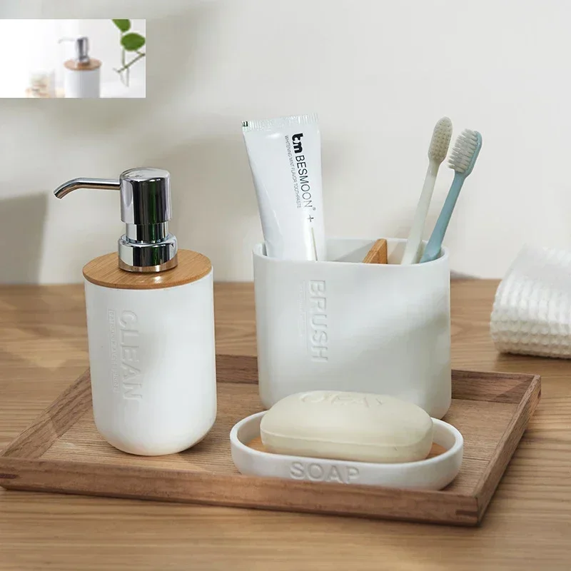 Bathroom Accessories Set Designer Soap Lotion Dispenser Toothbrush Holder Soap Dish Tumbler or wood Bottle Cup Black/White/gray