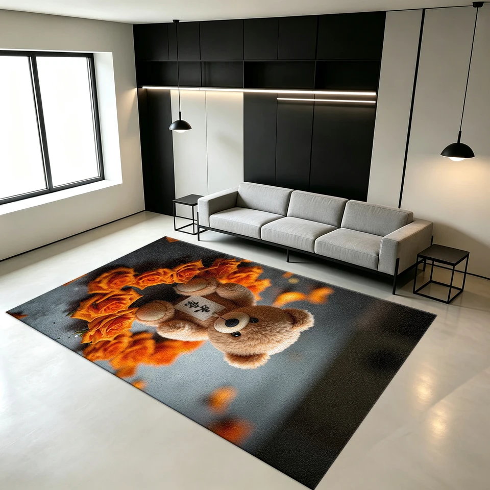 Romantic Orange Rose Teddy Bear Floor Rug