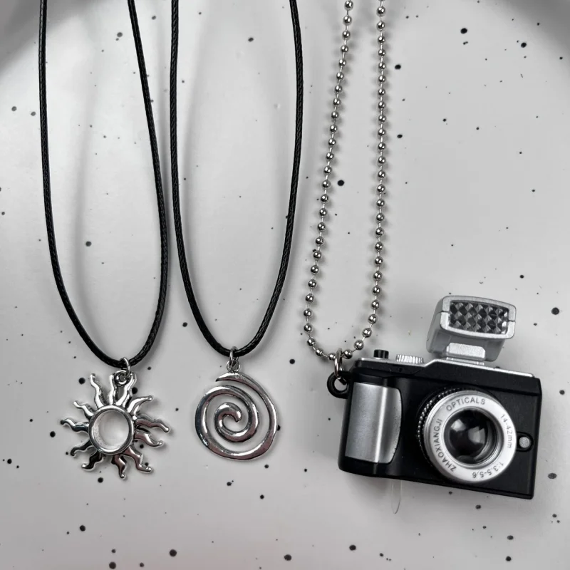 3Pcs Punk Necklace Set Hollow Sun Spiral Retro Camera Pendant Black Wax Rope Silver Ball Chain Stacked Jewelry