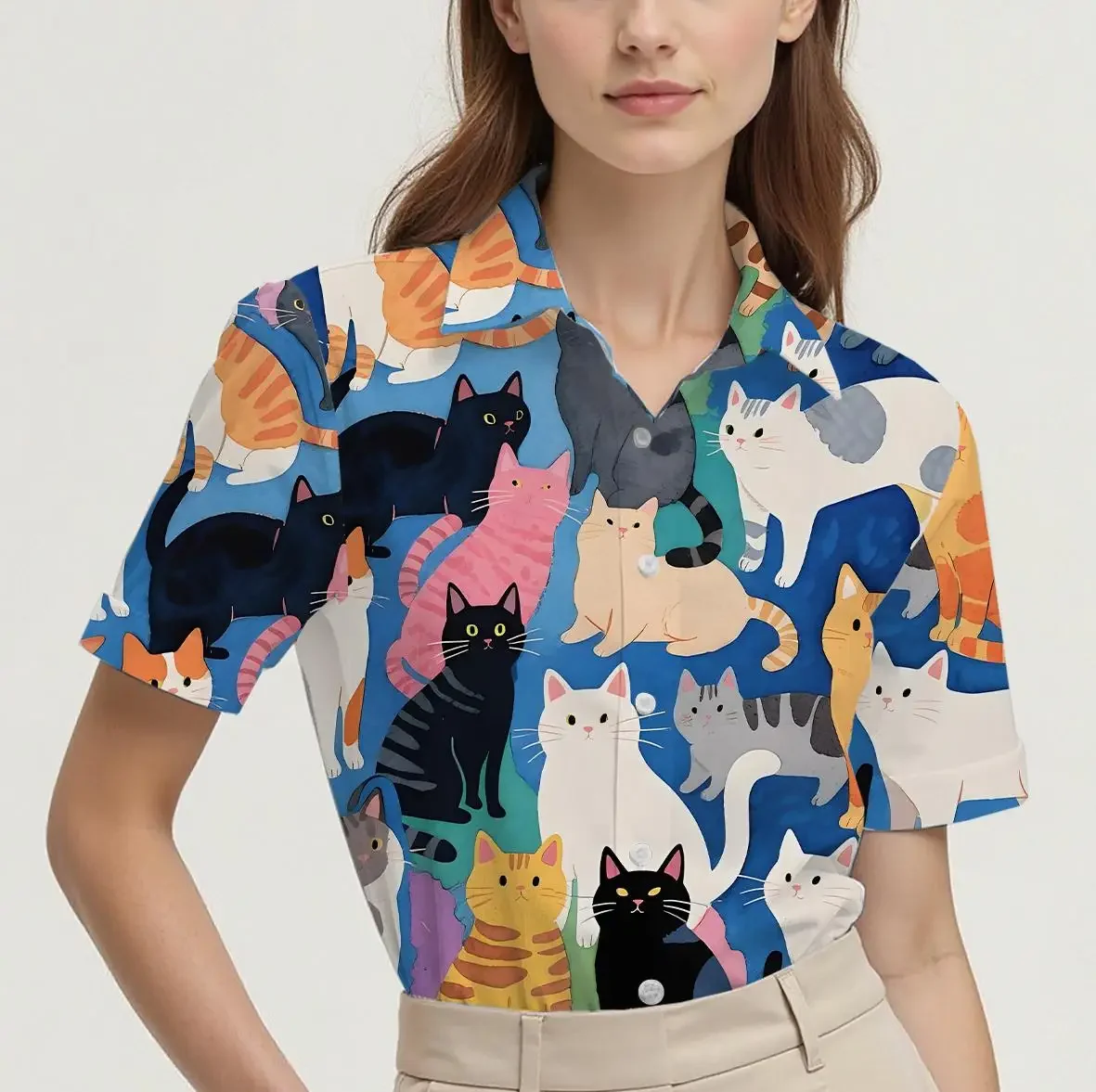 Lapel Shirt Short Sleeve Summer Women's Clothing Cartoon Animal Pattern Print Women's Tops Shirt Fashion Casual Women Blouses